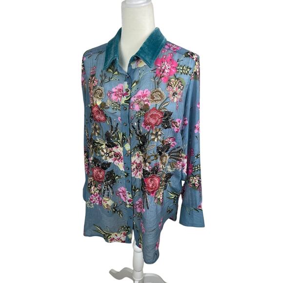 Soft Surroundings Sequins Embroidered Floral Top Roll Tab Sleeves Boho Sz Medium - Picture 6 of 16